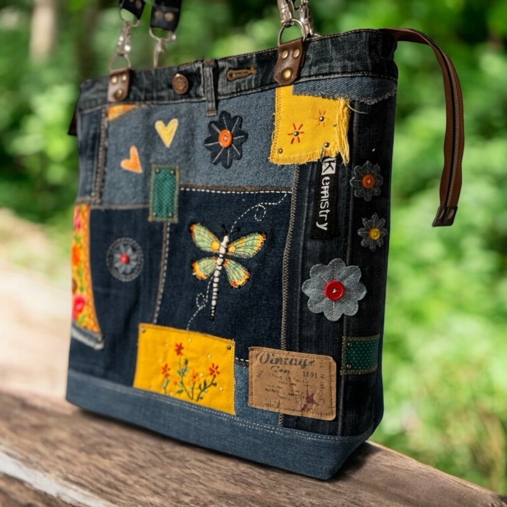 Handmade Upcycled Denim Tote Bag – Dragonfly & Patchwork Design - Picture 10 of 15